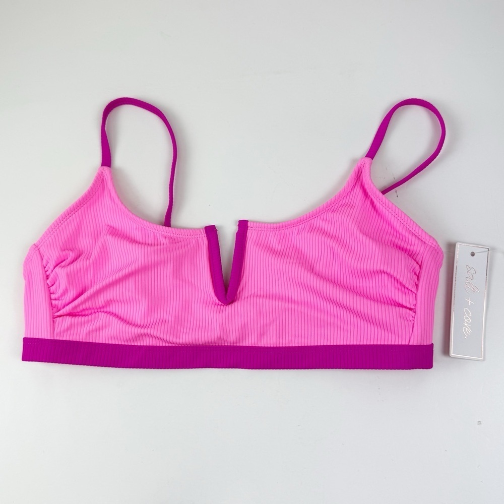 Salt + Cove Bikini Top Juniors Size Large Pink Ribbed V Cut Front NWT